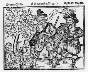 "Beggars All": Beggars Bush, a Wandering Beggar and a Gallant Beggar, titelsida för "The Praise, Antiquity and Commodity of Beggary, Beggars and Begging" av English School